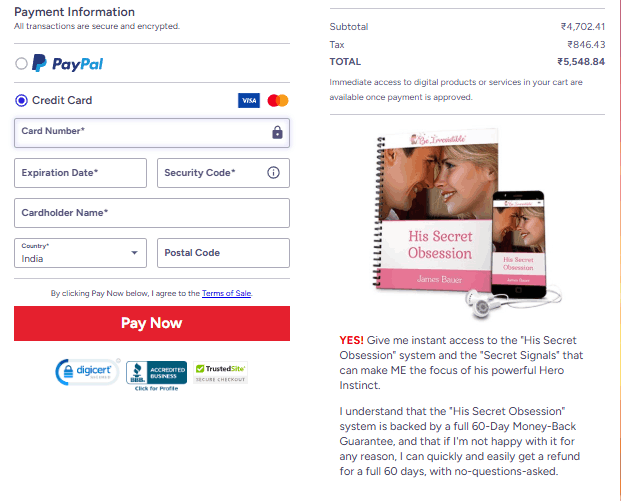 Secure checkout for His Secret Obsession book with instant access, 60-day guarantee, and safe payment options